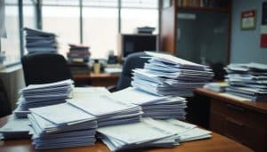 image showing paperwork piling up on a commercial desk as debts get out of control while in the recovery process